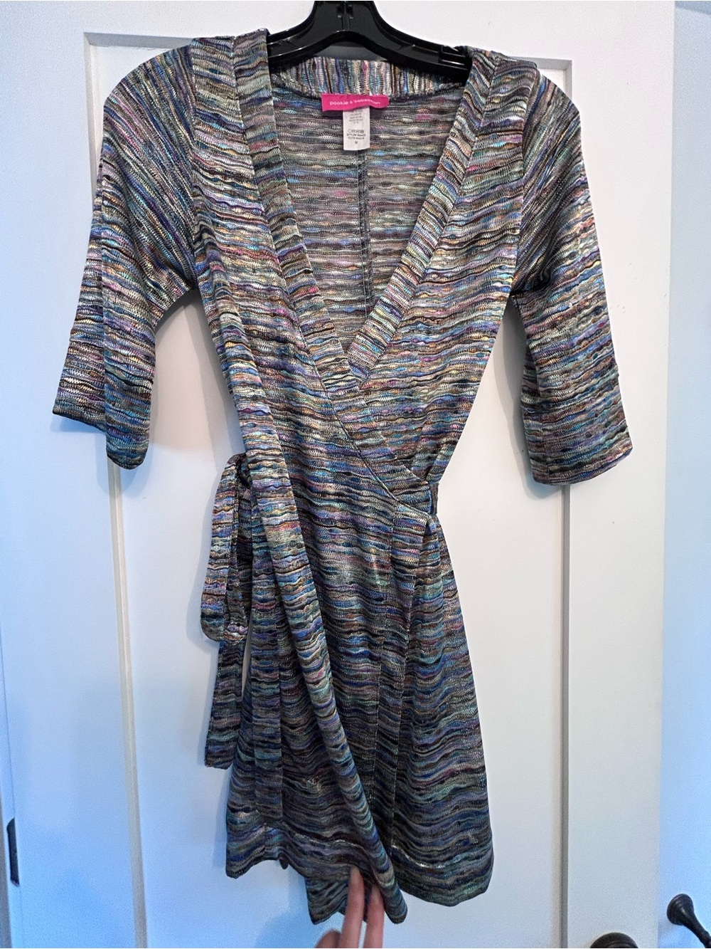 Pookie & Sebastian Multicolor Striped Wrap Dress - Blue, Gray & Purple